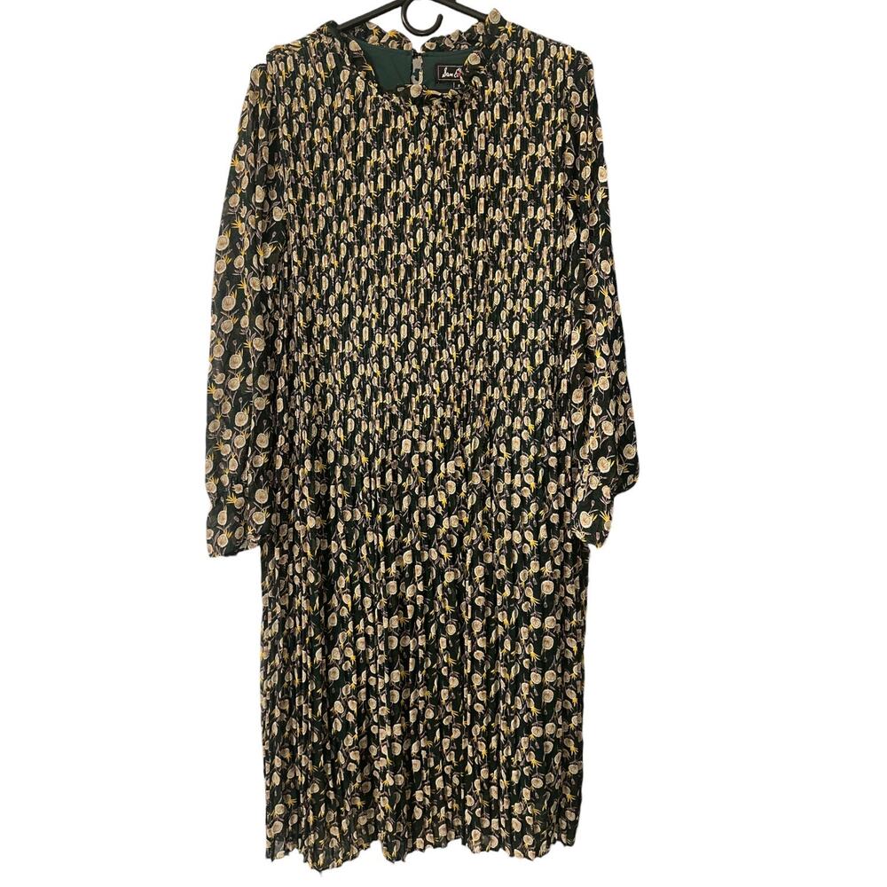 Sam Edelman Floral Pleated Midi Dress Green Long Sleeve Boho Cottagecore Size 8